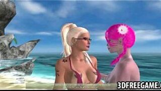 Two sexy 3D big tit beach lesbians are fucking eachother porn video